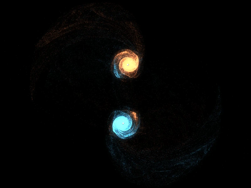 GPU N-body simulation of two colliding galaxies of 50,000 stars each, with long tidal tails